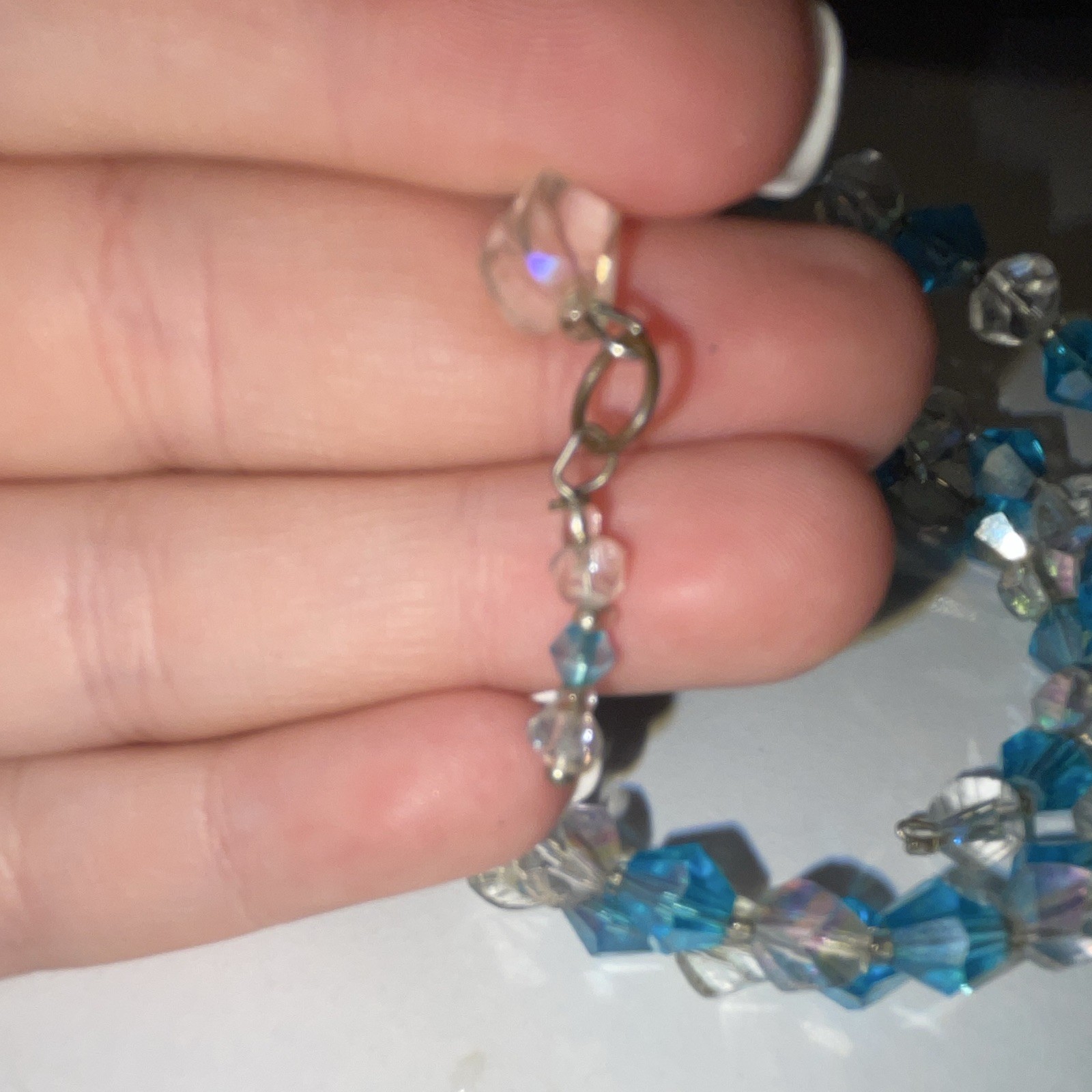 Blue & Clear Bicone Crystal Beaded Stackable Bracelet w/ Lobster Clasp Charm