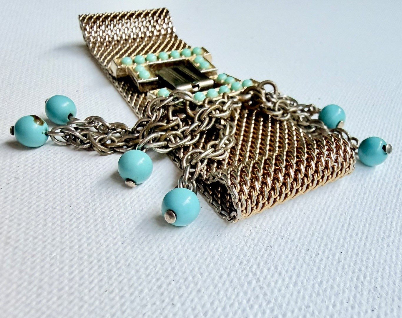 Vintage 1970s Wide Gold Tone Mesh Bracelet Faux Turquoise Tassel Fringe Cuff