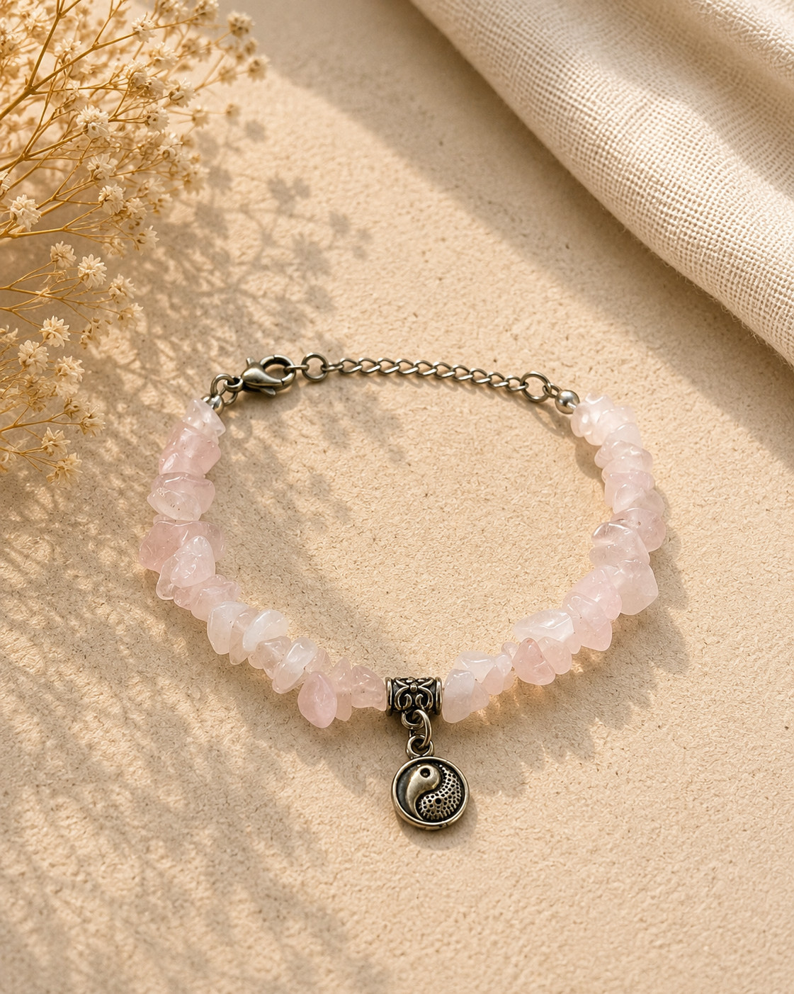 Natural Rose Quartz Chip Bead Bracelet Yin Yang Charm Crystal Healing Gift
