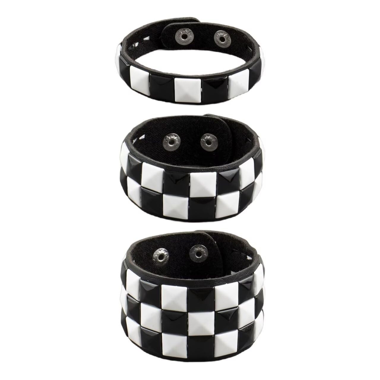Black White Checkered Leather Bracelet for Men Women 3 Pieces Punk Studded Cu…