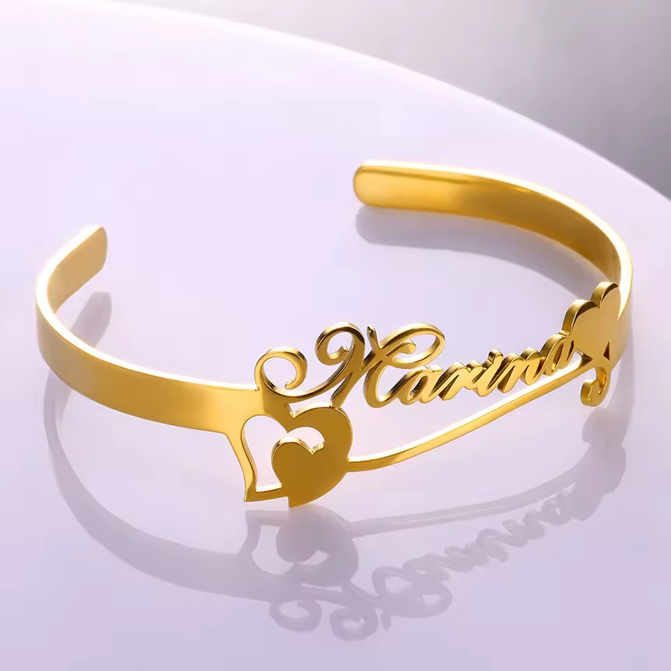 Customized Name Heart Bracelet Bangle Cuff Jewelry Cursive Adjustable Women Gift