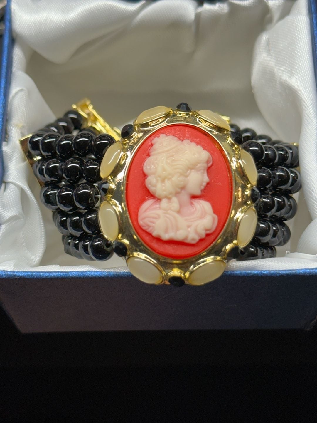 Victorian Style Cameo Multi-Strand Black Bead Bracelet with Red and Cream Accent