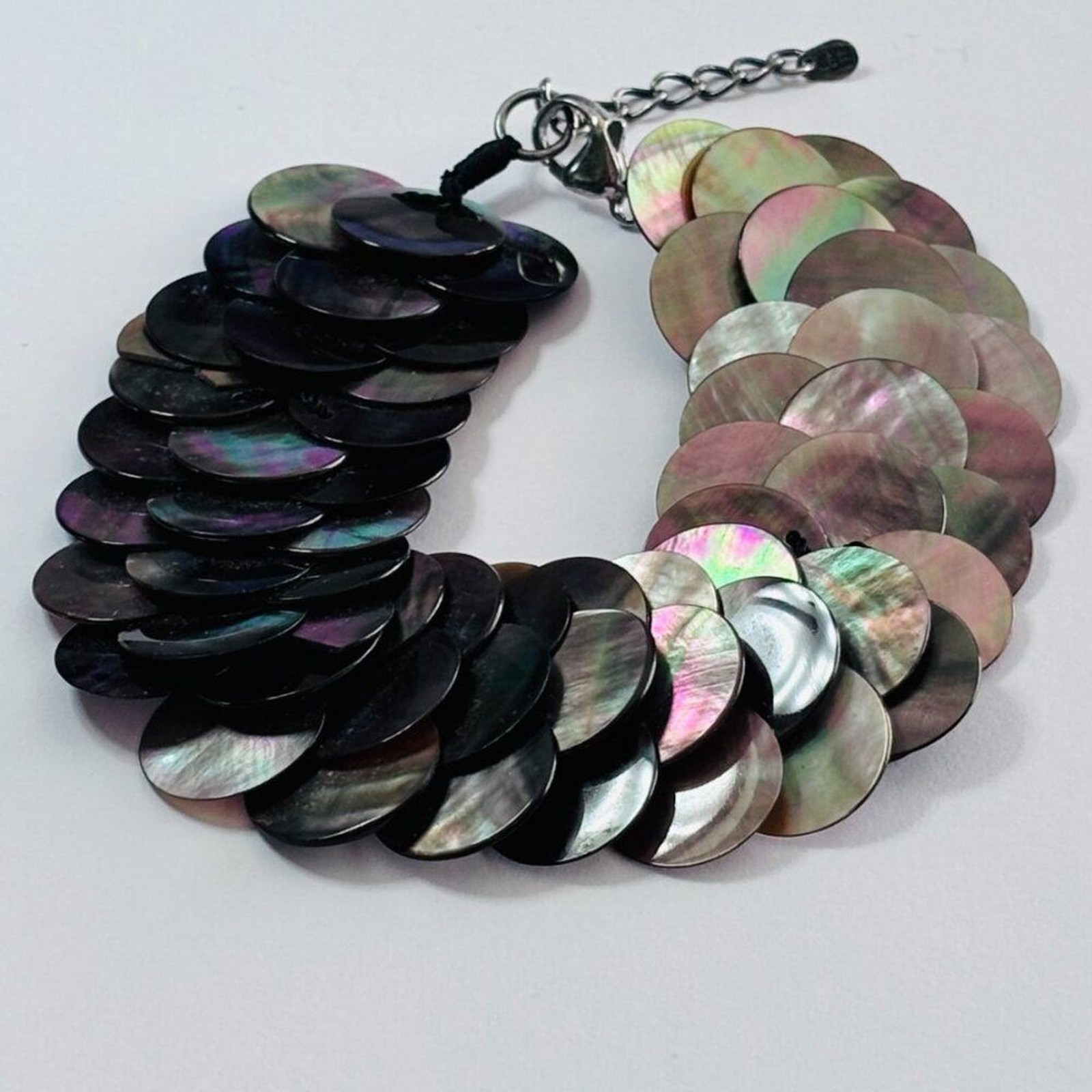 Chico’s Iridescent Mother of Pearl Shell Sequin Statement Bracelet Antiqued