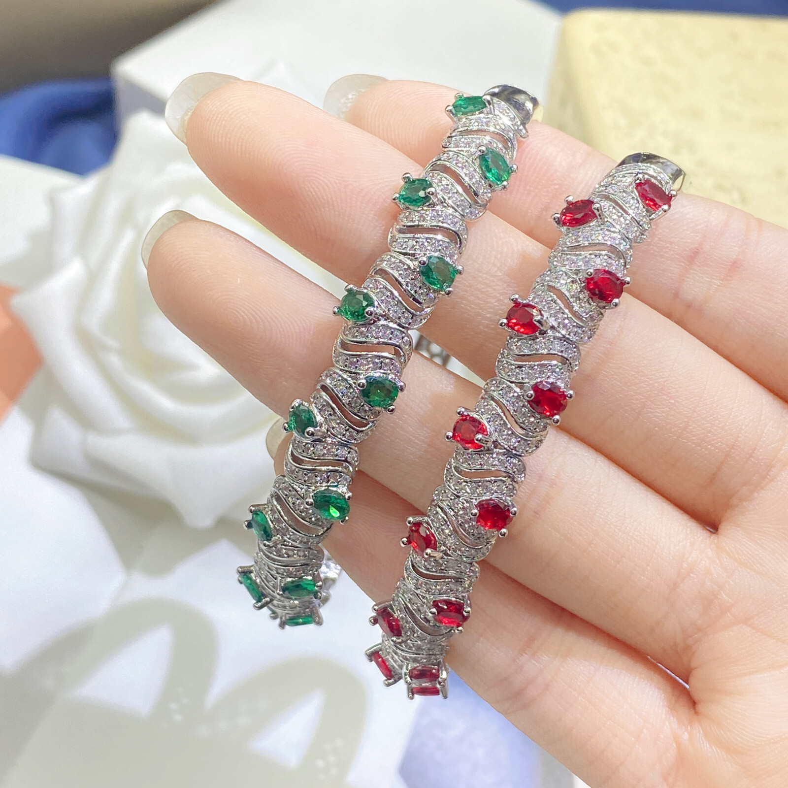 New Charm Mix Color Green Citrine Topaz Gems Women Girl Silver Bangle bracelet