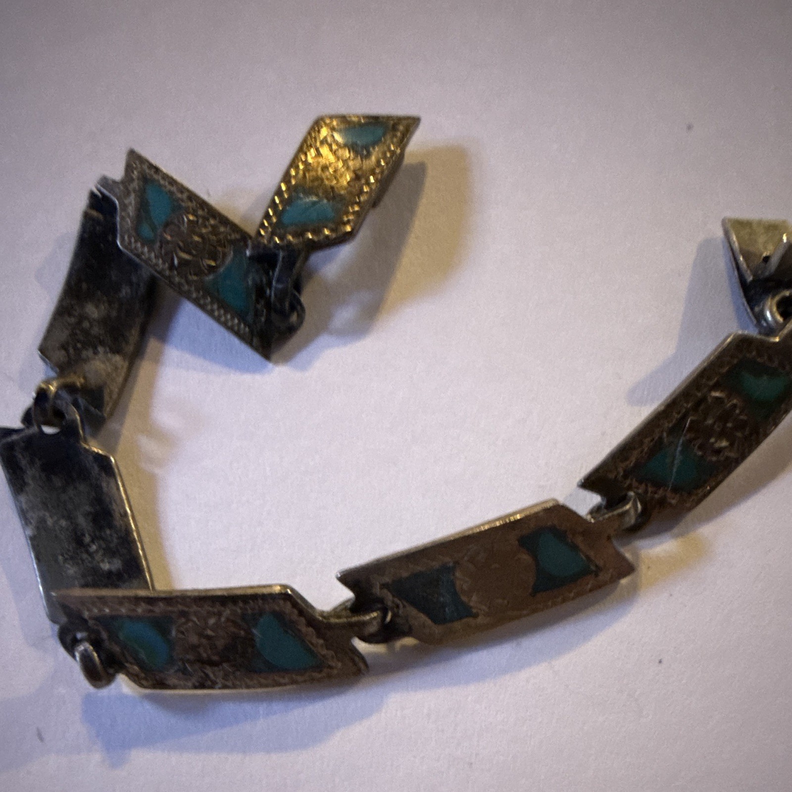 Silver Tone Geometric Link Bracelet w/ Blue Inlay Panels