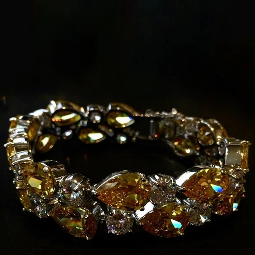 18k White Gold Filled Tennis Bracelet Lab Yellow Citrine & Simulated Diamond