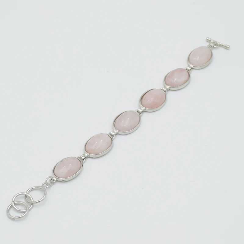Silver plating Natural GEM Stone Rose Pink Quartzs Crystal Oval Beads Bracelet B