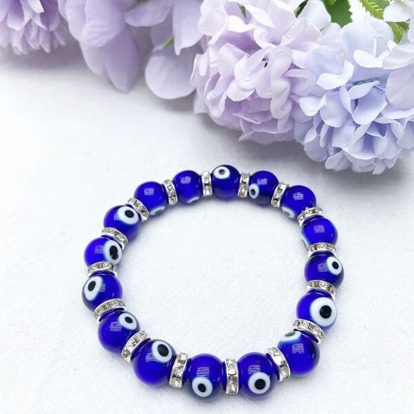 10MM Dark Blue Turkish Evil Eye Crystal Glass Bead Stretch Bracelet