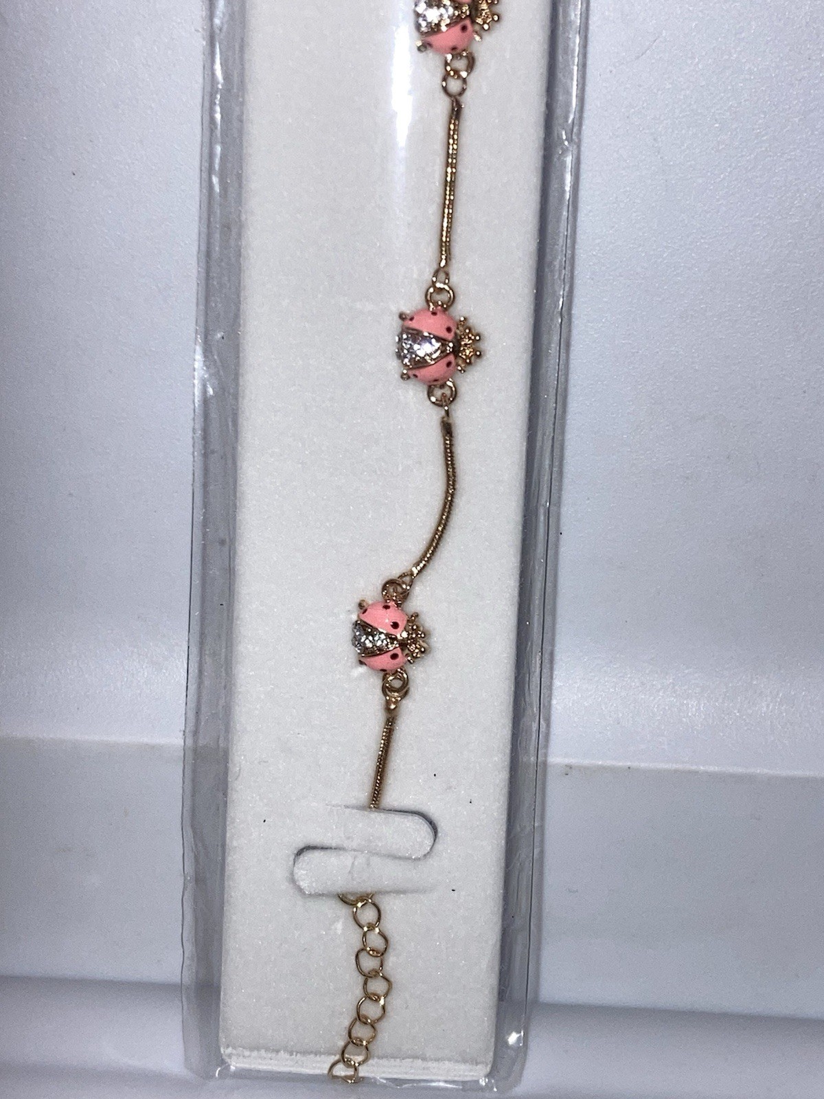18k Gold GP Enamel & Cubic Zirconia PINK LADYBUGS Bracelet 7 – 8 in