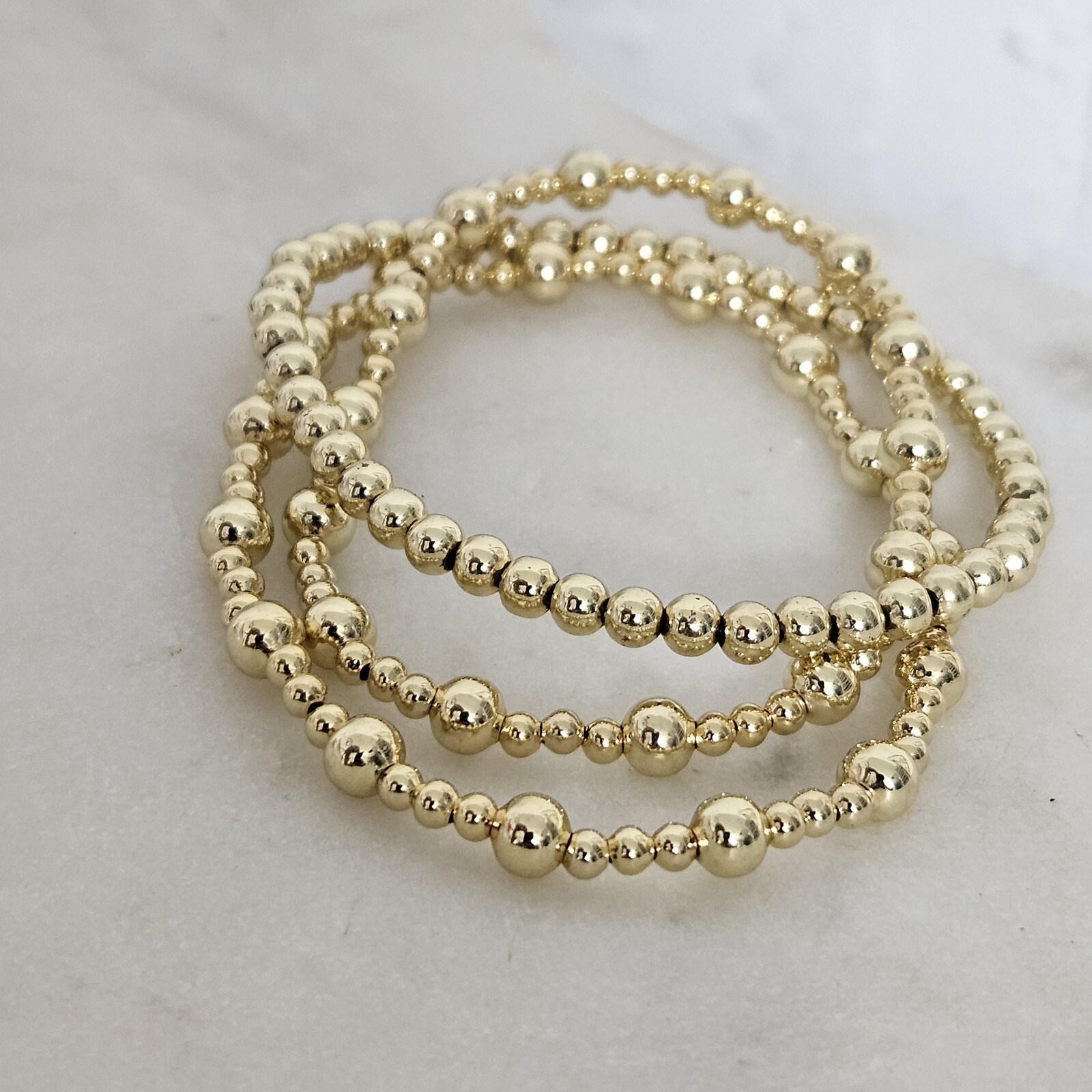 3 Piece 18k Gold Filled Elastic beaded bracelet Gold Ball bracelet