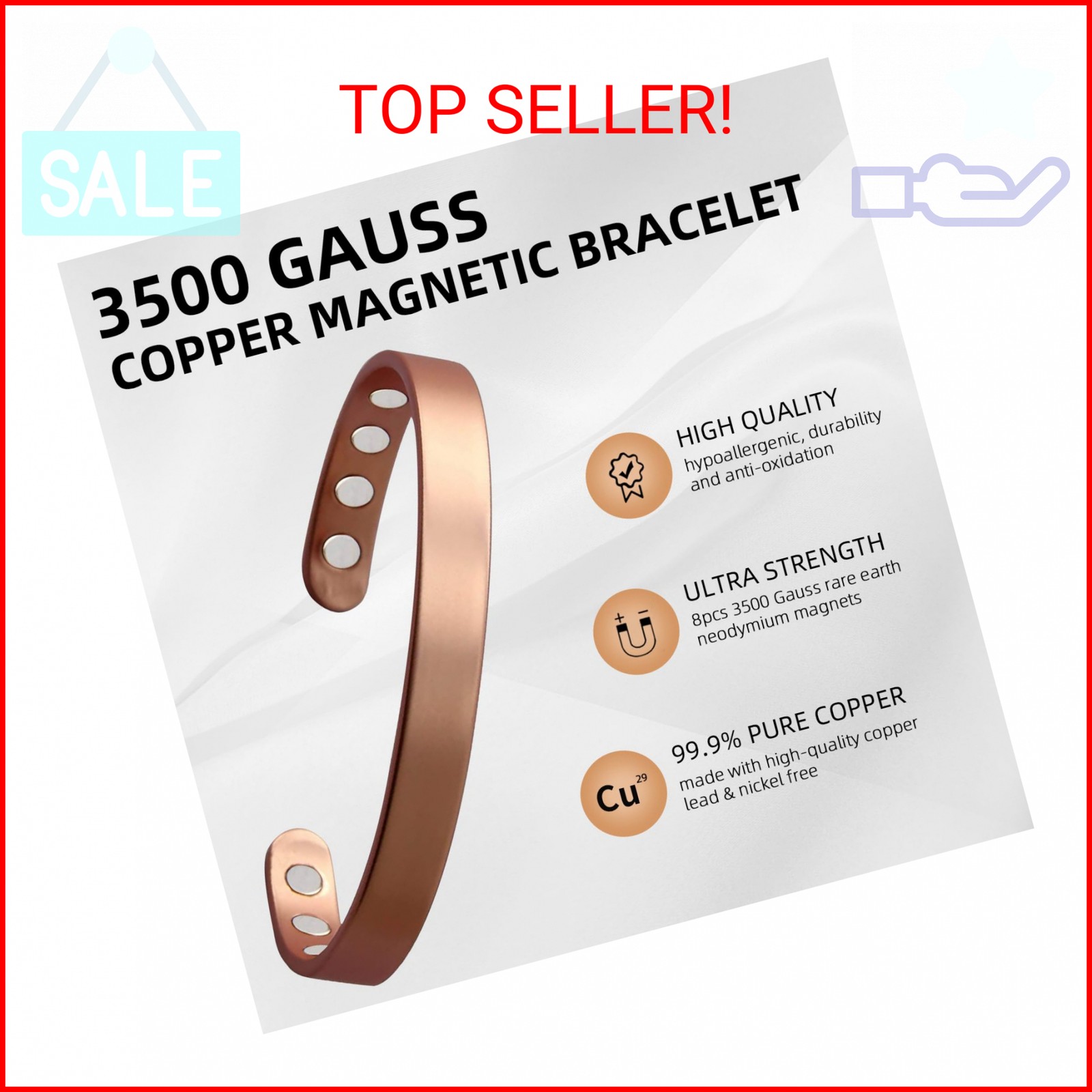 MagEnergy Copper Bracelet for Men and Women, 99.9% Pure Copper Magnetic Bangle w