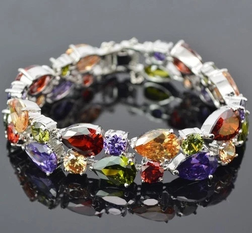 18k White Gold Filled Multicolor Tennis Bracelet Made Simulated Diamond 7.5 Inch