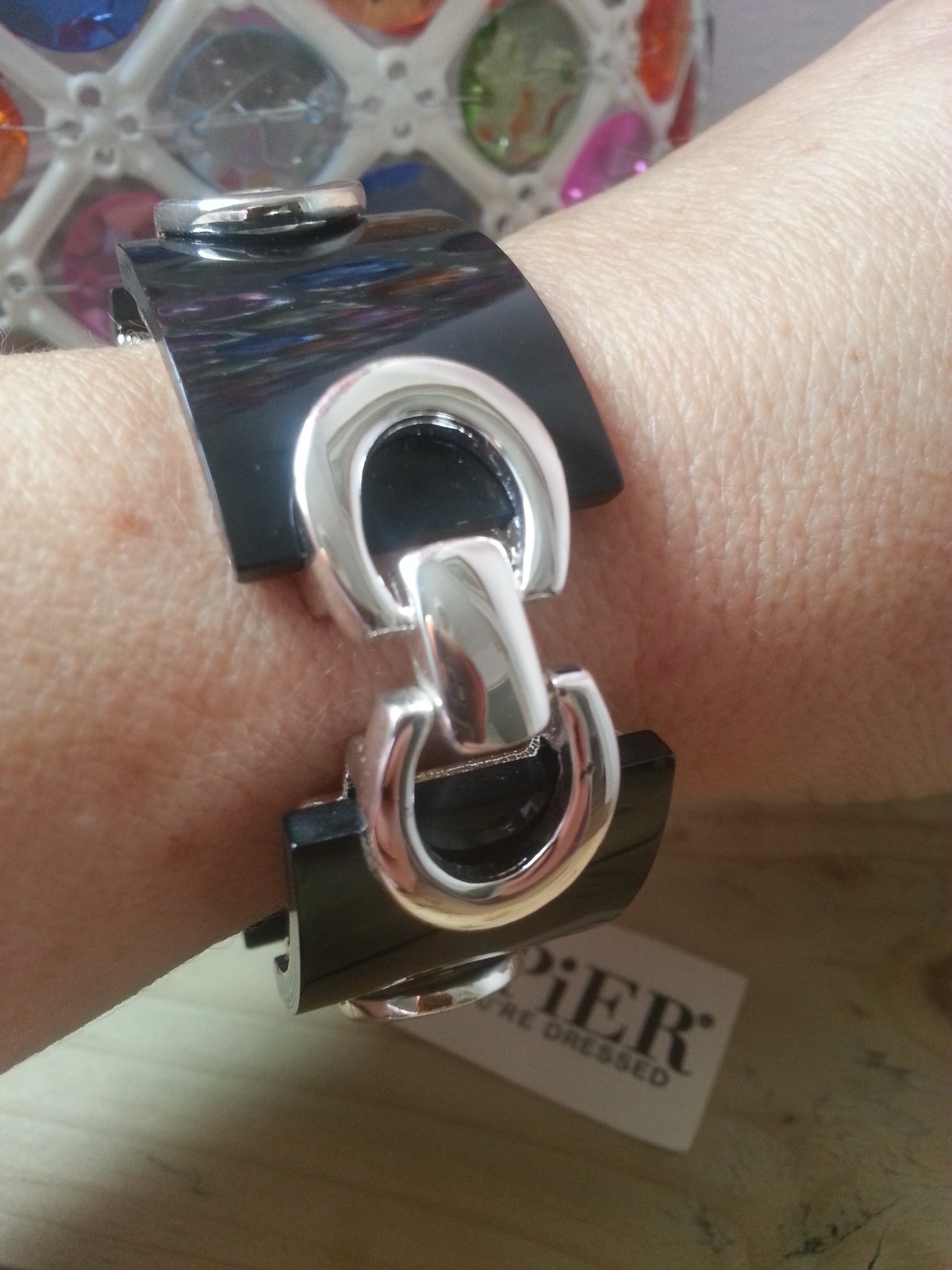 “Napier” 4 Oblong Bar Black “Resin” Link Silver Plated Bracelet