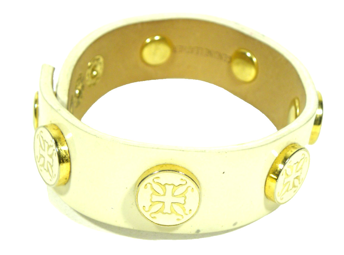 Rustic Cuff Leather Bracelet Bangle Off White Gold Enamel Studs Snap Adjustable