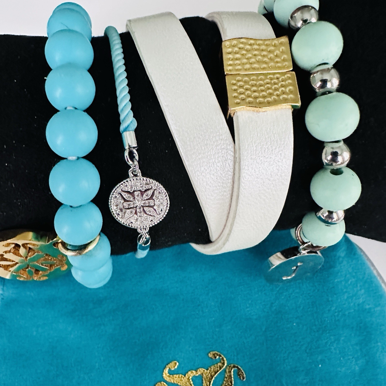 Rustic Cuff Bracelet Stack Coastal Ocean Blue Mint White Beaded Cuff Logo