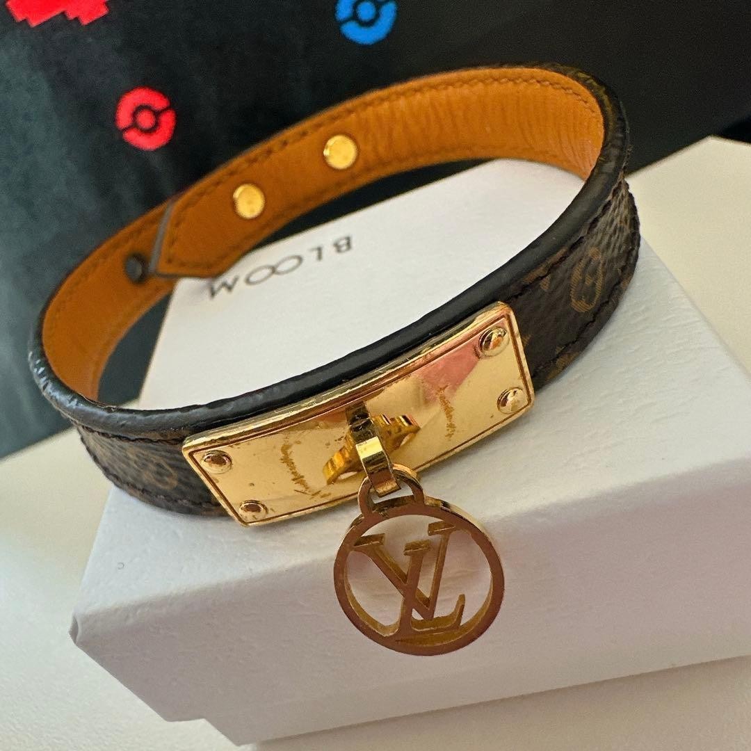 Louis Vuitton Monogram Bracelet Brasle Logomania M4150 Brown Gold Spain Genuine