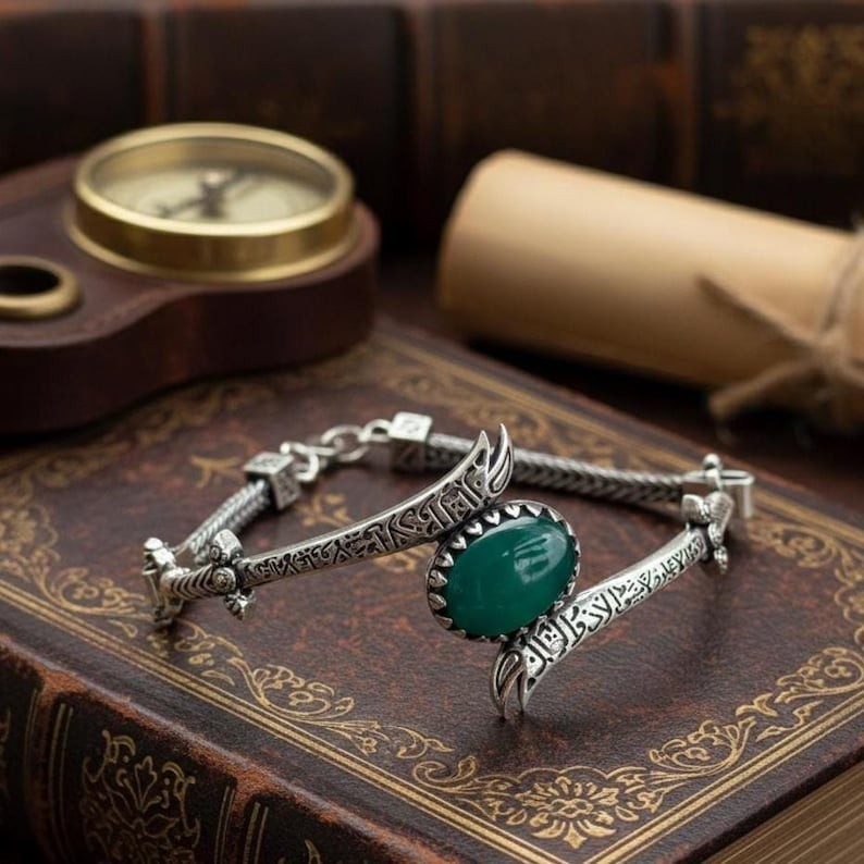 925 Sterling Silver Green Agate Gemstone Zulfiqar Chain Bracelet