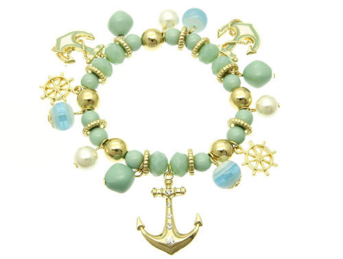 CRYSTAL AVE Aqua Gold ANCHOR Helm Nautical Stretch Ocean Bracelet NWT New