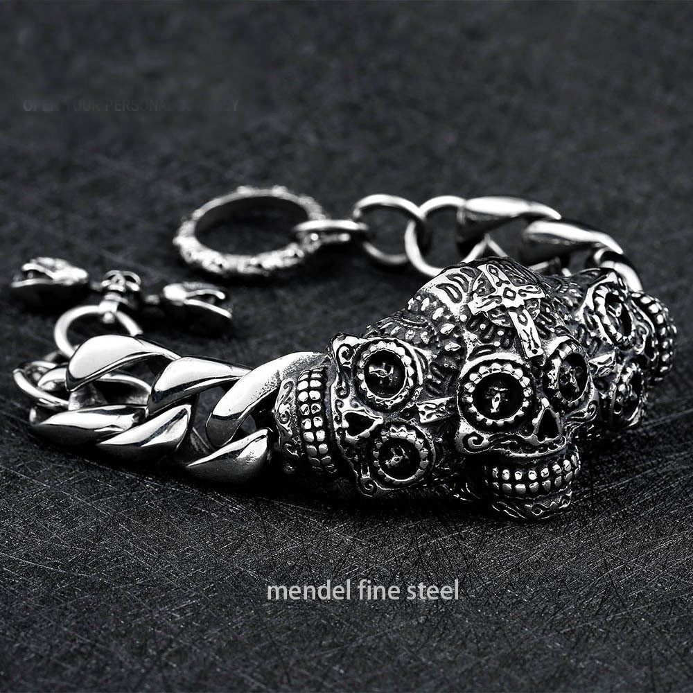 MENDEL Gothic 8 Inch Mens Heavy Stainless Steel Punk Biker Skull Bangle Bracelet