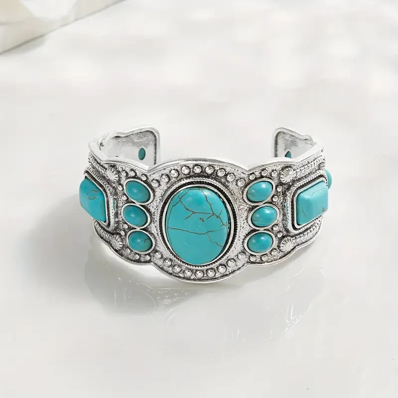 Boho 925 Sterling Silver Vintage Turquoise Tibetan Tibet Bracelet Bangle Cuff