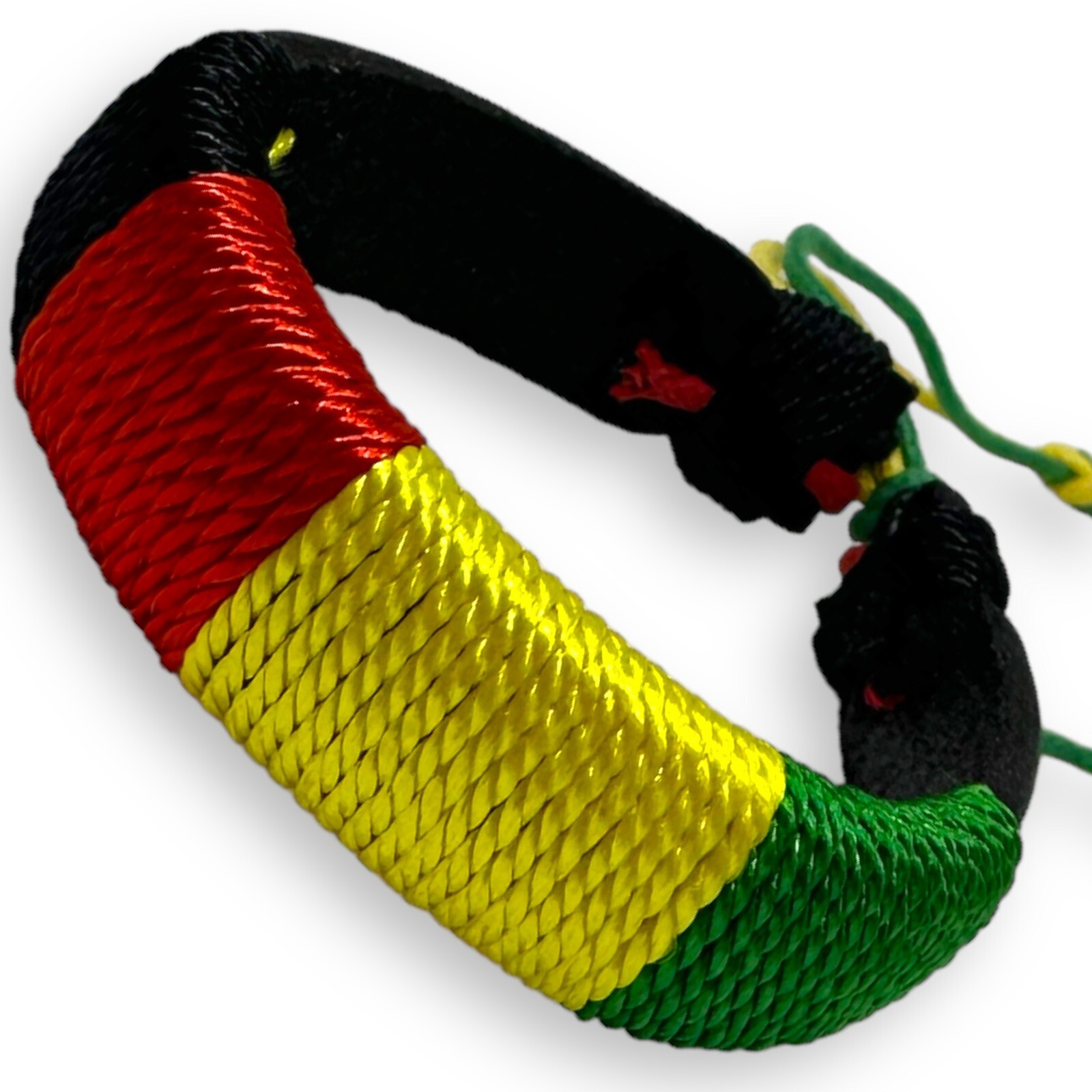 Handmade Rasta Bracelet Rasta Colors on Black Leather Jamaican Reggae Bracelet