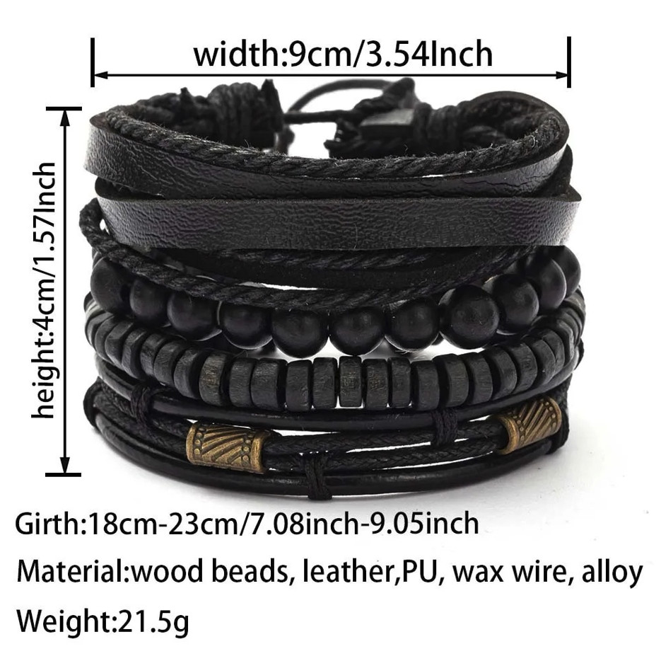 4pcs Vintage Multi-Layer Wooden Beads Leather Bracelets Unisex Set – NEW