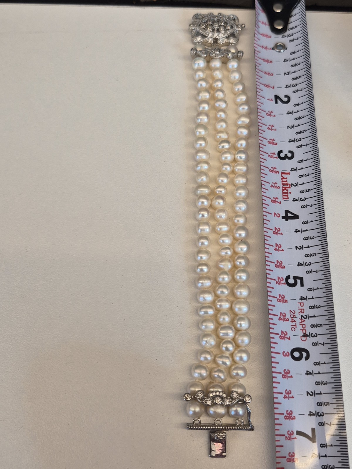 Triple Row Fresh Water Pearl, Art Deco Inlaid CZ Clasp W/ Figure 8 Safety Catch