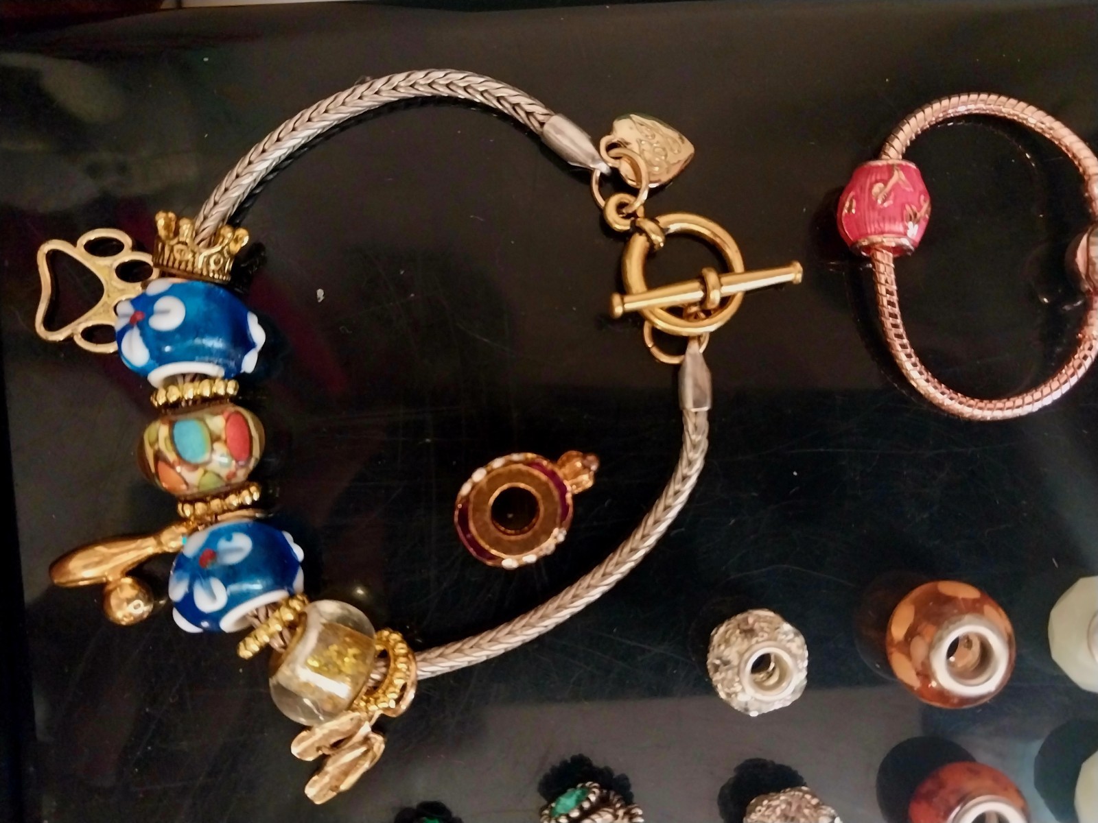 Glass Slide Bead Charms and 3 Bracelets Lot of 75 pcs 925 Murano & Dangle Charms
