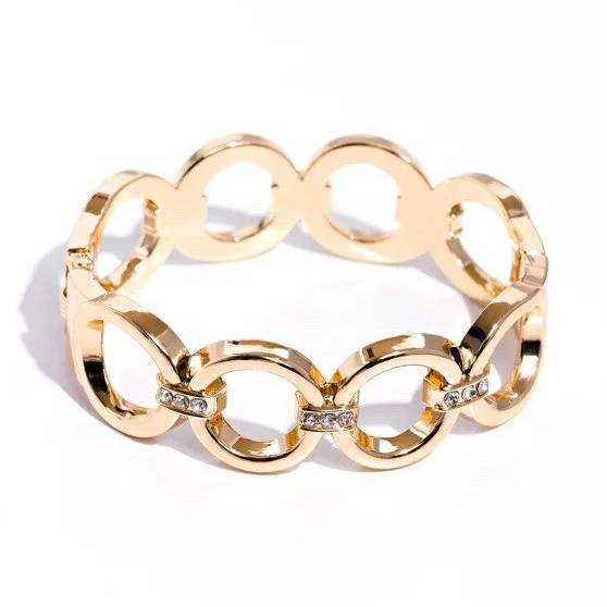 Gold Tone Metal Round Link Chain Bracelet Toggle Closure White Stone