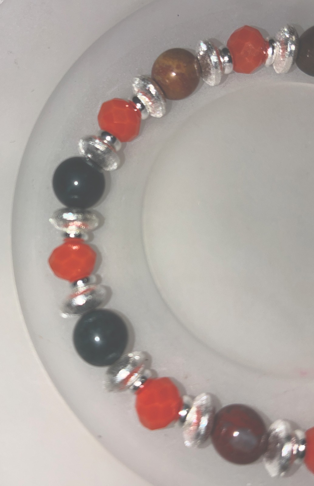 Bracelet Stretchy Brown Quartz Orange Glass Beads & Silver Discs Size 6.5”