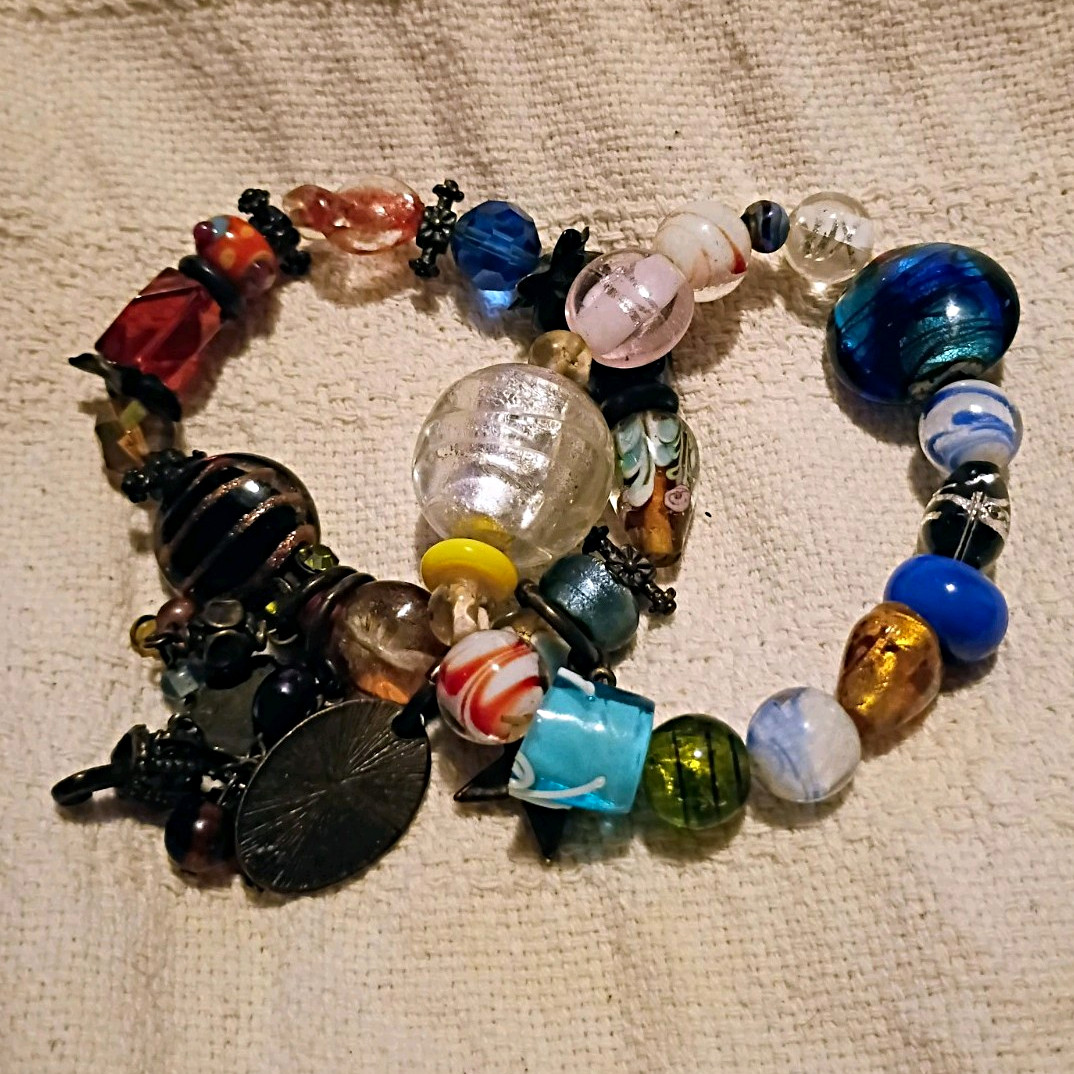 2 Multicolor Glass Beaded Charm Bracelets Bundle Broken Crafting