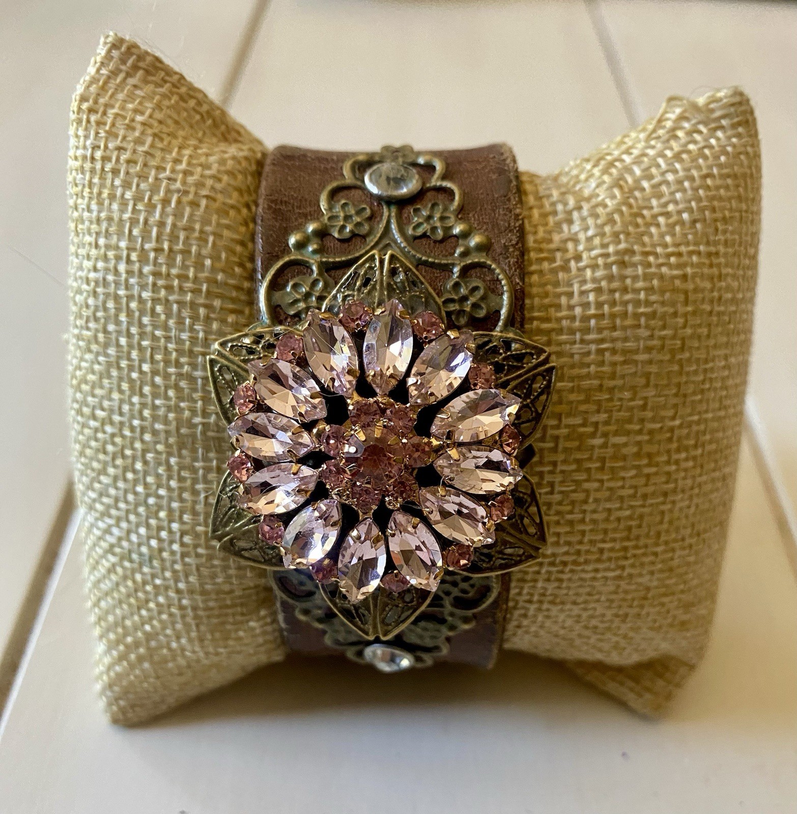 Brown Leather Snap Cuff Bracelet Pink Marquise Crystal Flower Gold Accents