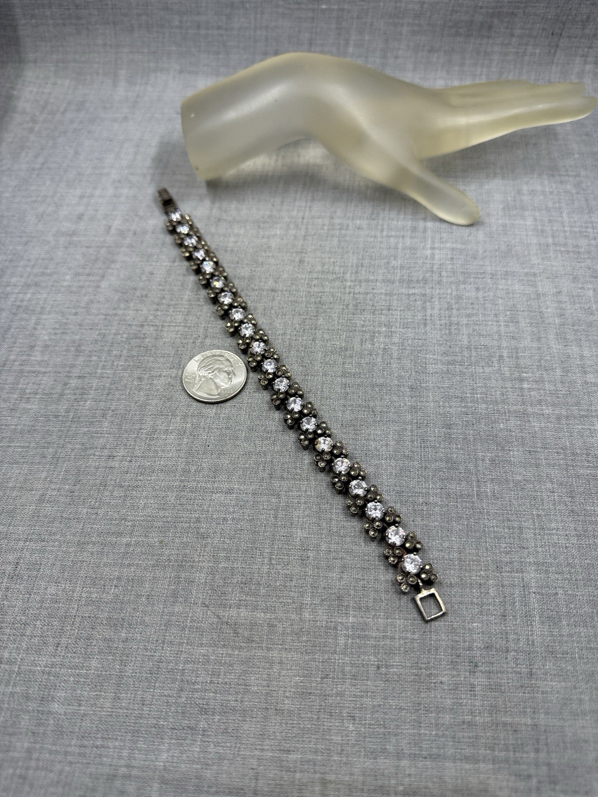 Marcasite & Crystal Cluster Link Sterling Silver .925 Tennis Bracelet 7.75″