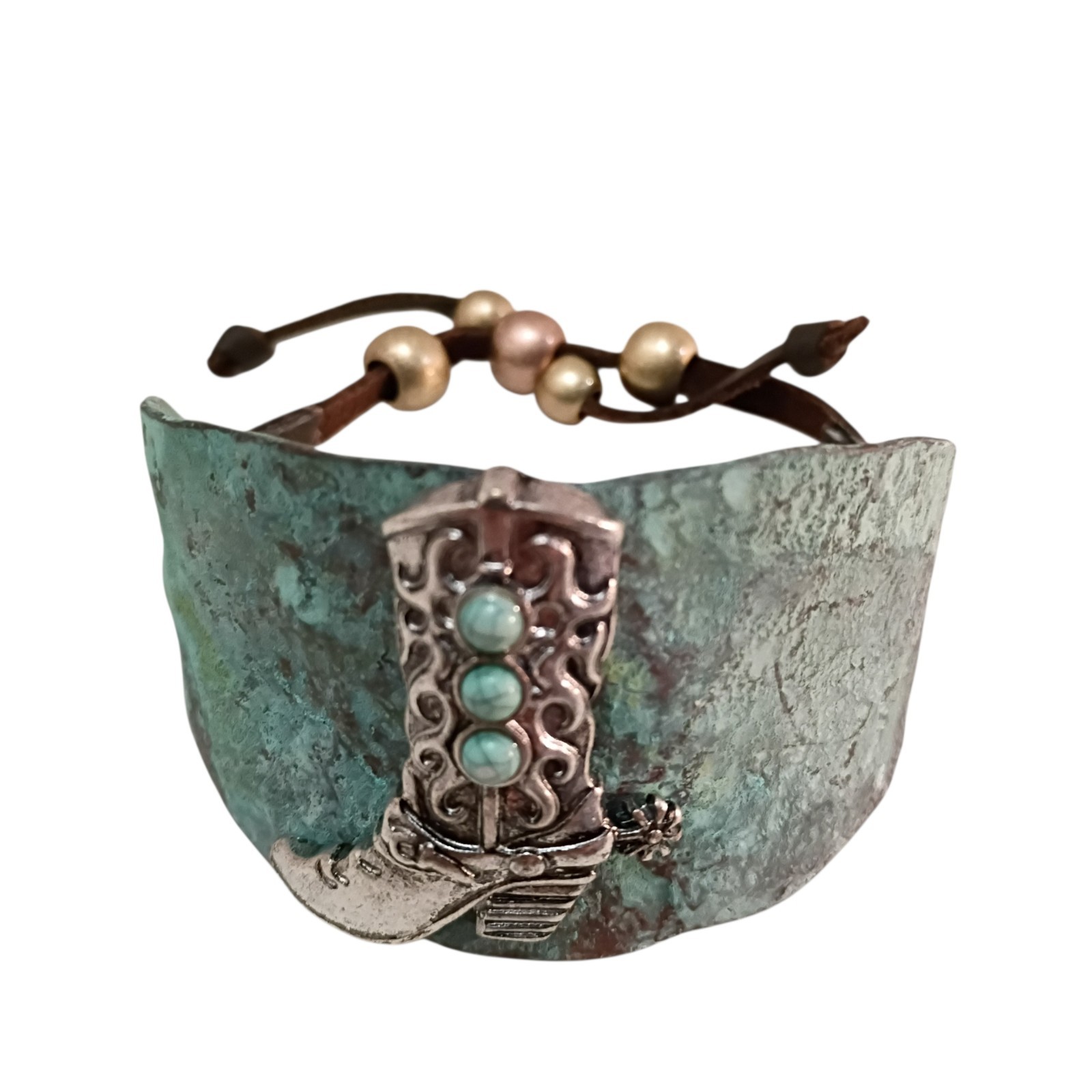 Story By Davinci Patina Cuff Bracelet Cowboy Boot Turquoise Accents Leather Tie