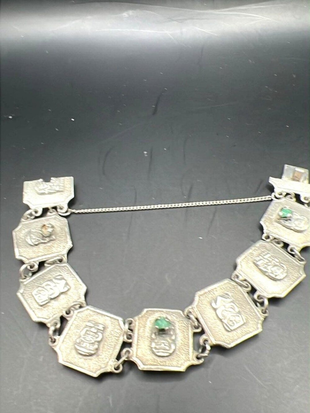 Vintage 900 Silver Colombian Panel Bracelet • Figural Panels • Emerald Inlay • 2