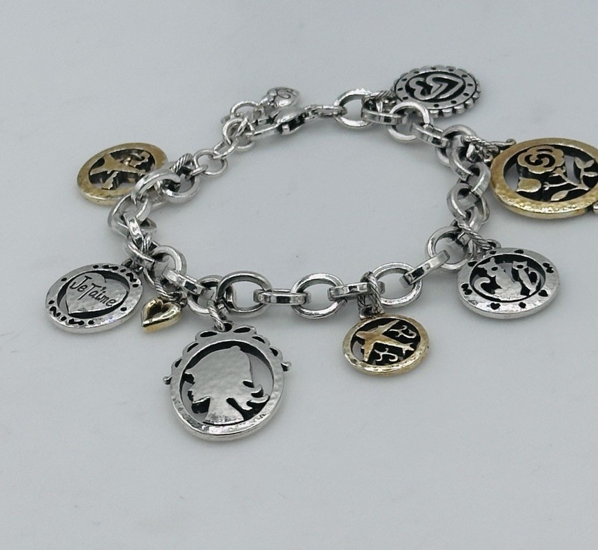 Brighton Paris Love Charm Bracelet Two Tone Heart Rose Cat Retired