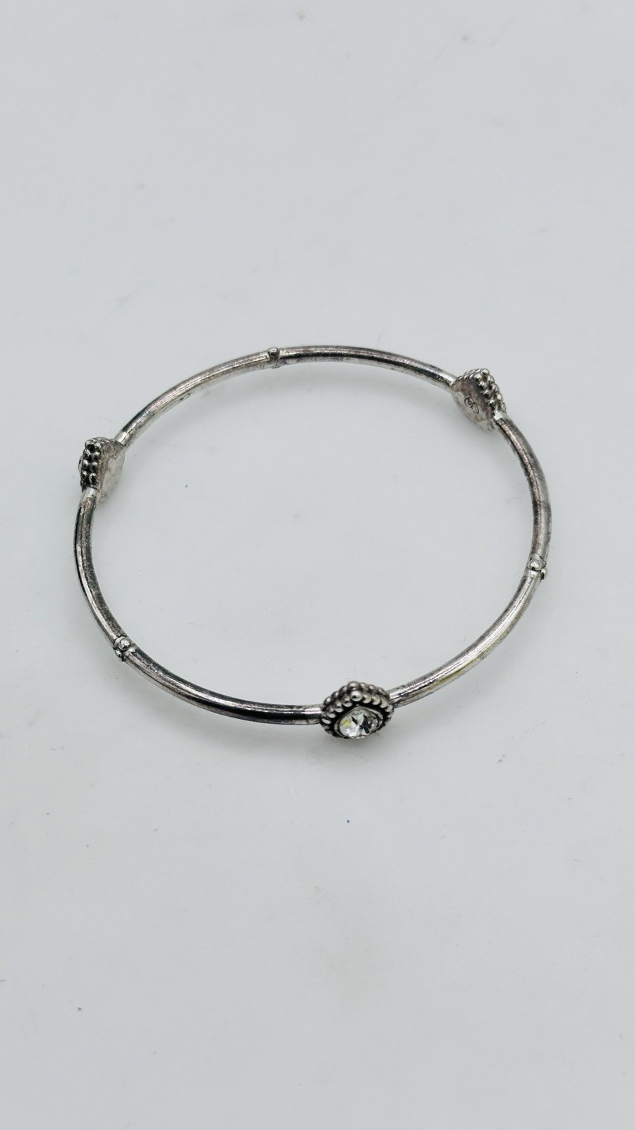 Brighton Crystal Heart Bangle Bracelet Silver Plated Beaded 7-8 In Hinged