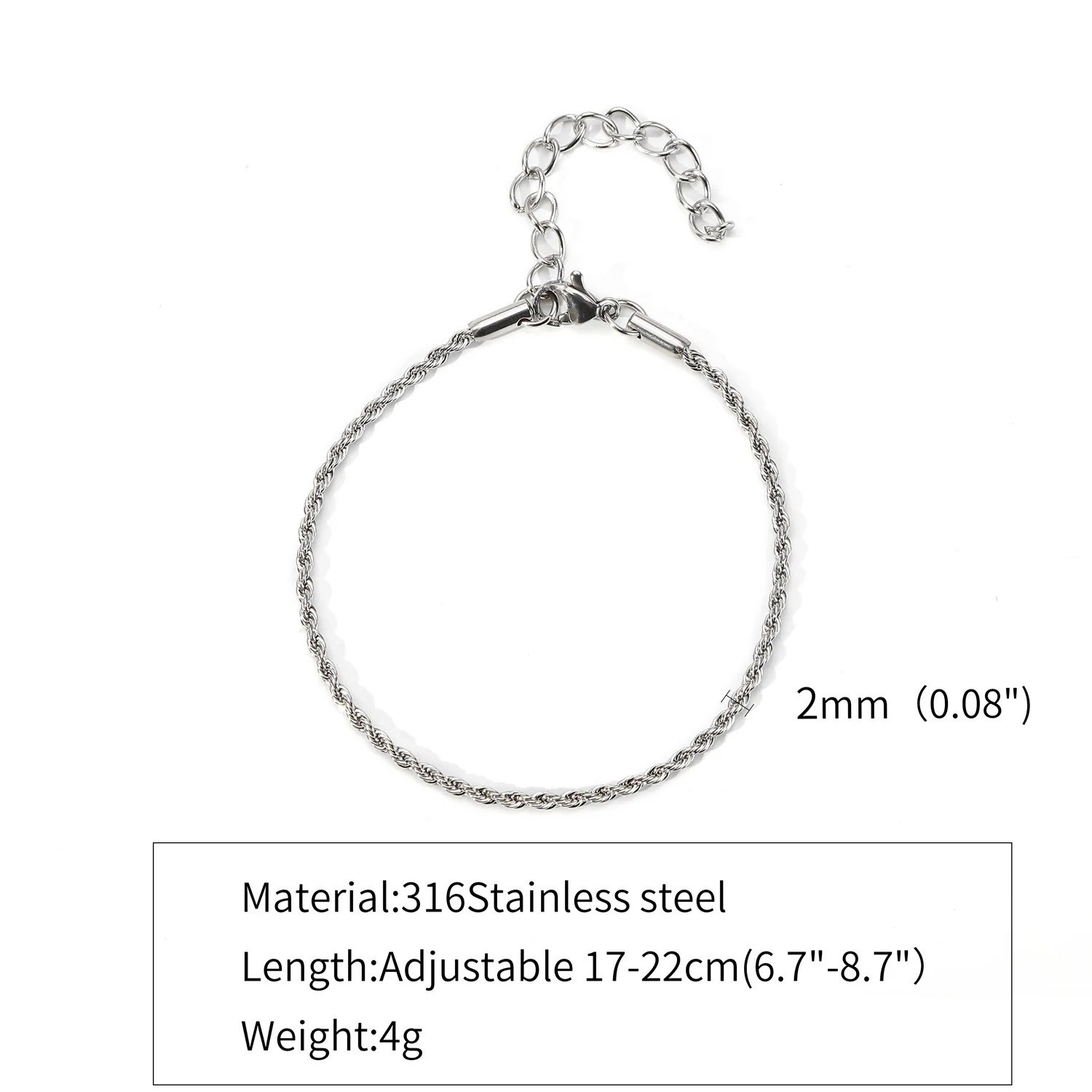 Simple Silver Twist Chain Bracelet Hip Hop Jewelry Adjustable Party Accessories