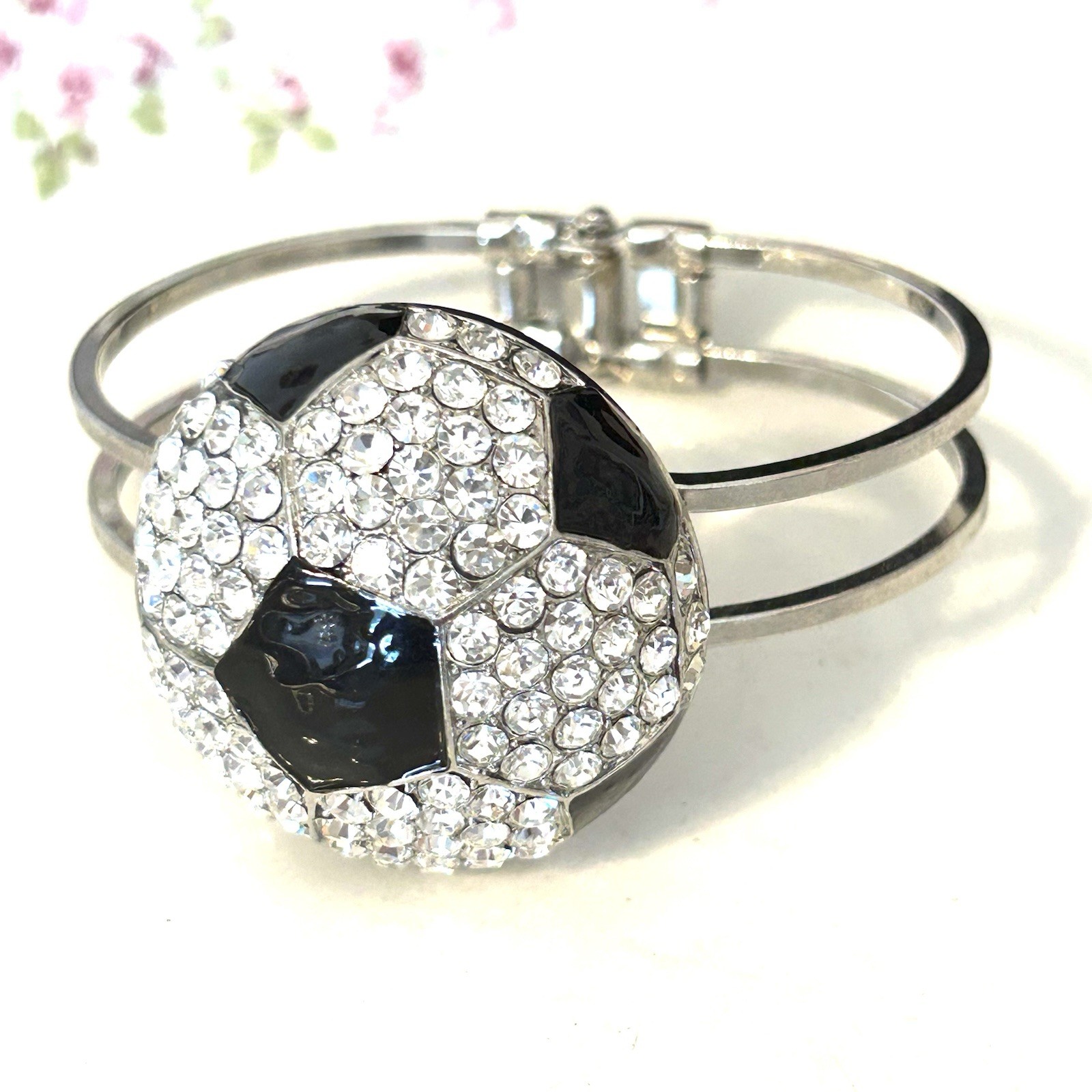 Rhinestone Soccer Ball Bracelet Hinged Cuff Silver Tone Sports Mom Bling