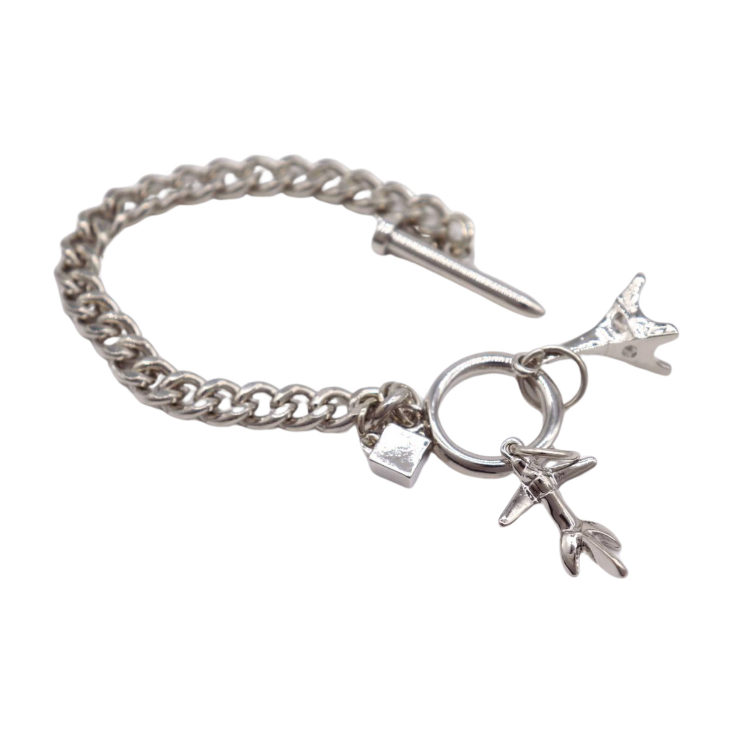 Women Silver Metal Chain Links Wrist Bracelet Airplane Eifel Tower Charms France