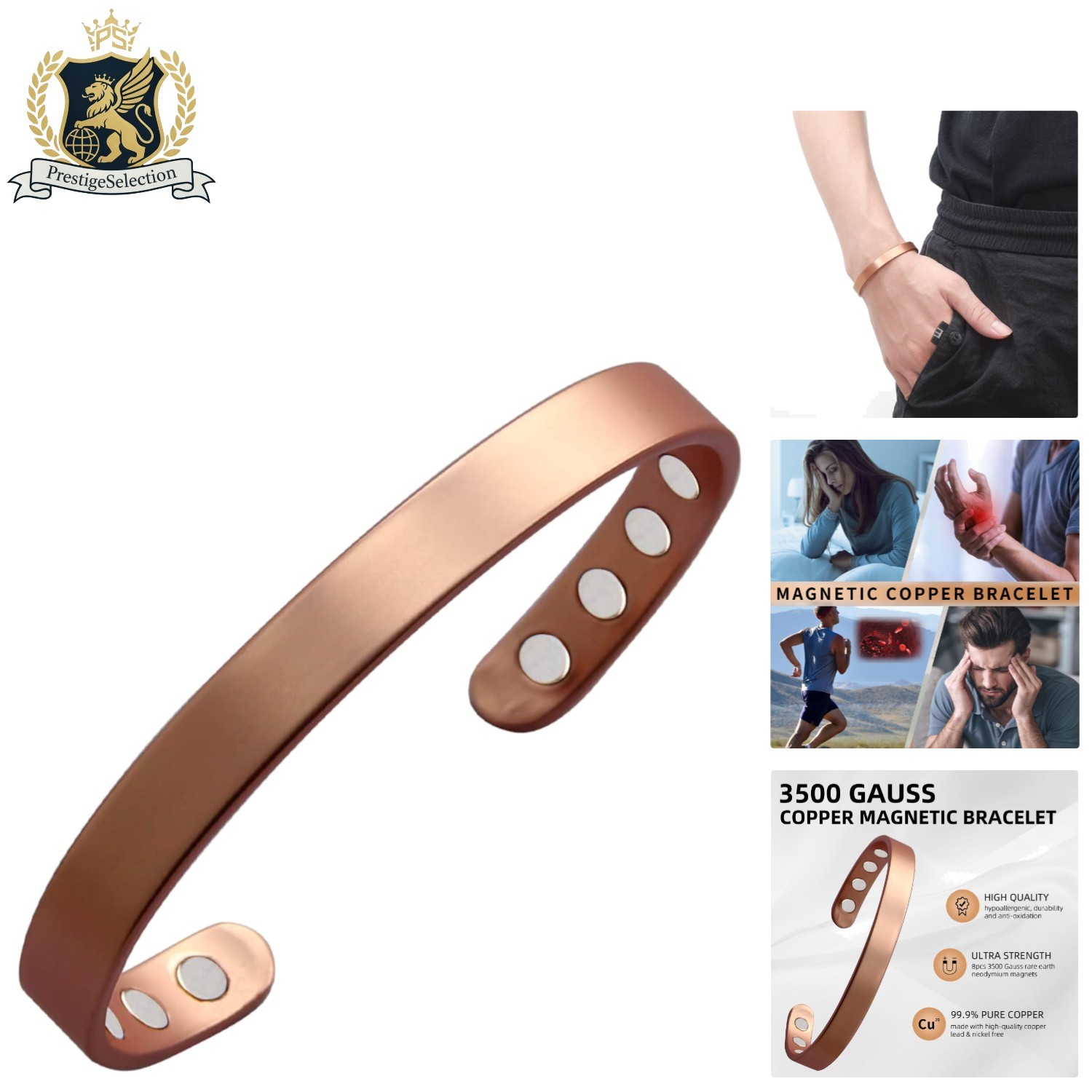99.9% Pure Copper Magnetic Bracelet for Wellness – Adjustable 6.8 Inch Bangle