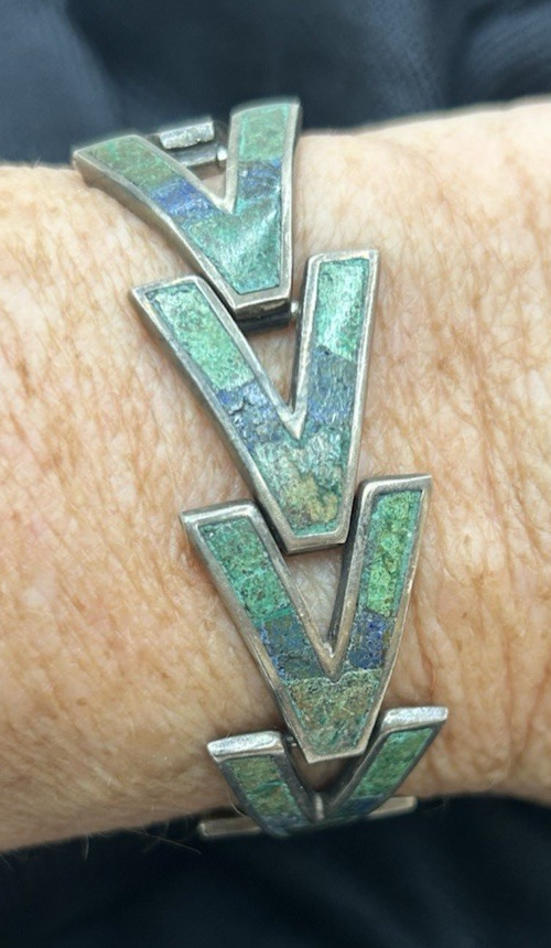 Gorgeous Los Castillo Mosaico Azteca Taxco Silver Mosaic Inlay Bracelet Handmade