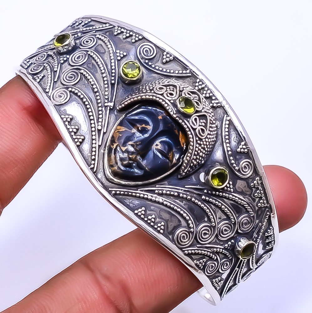 Copper Black Turquoise & Peridot 925 Sterling Silver Bali Cuff 6.99″ C92155885