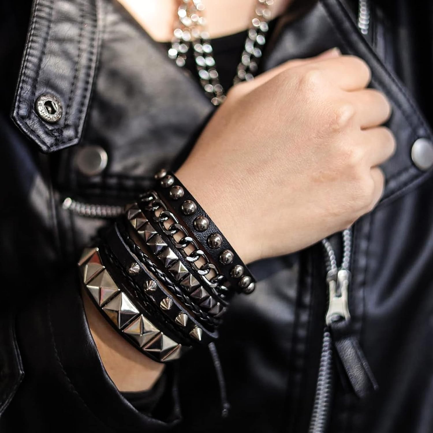 6 Pcs Adjustable Black Leather Punk Rock Wristbands for Men & Women