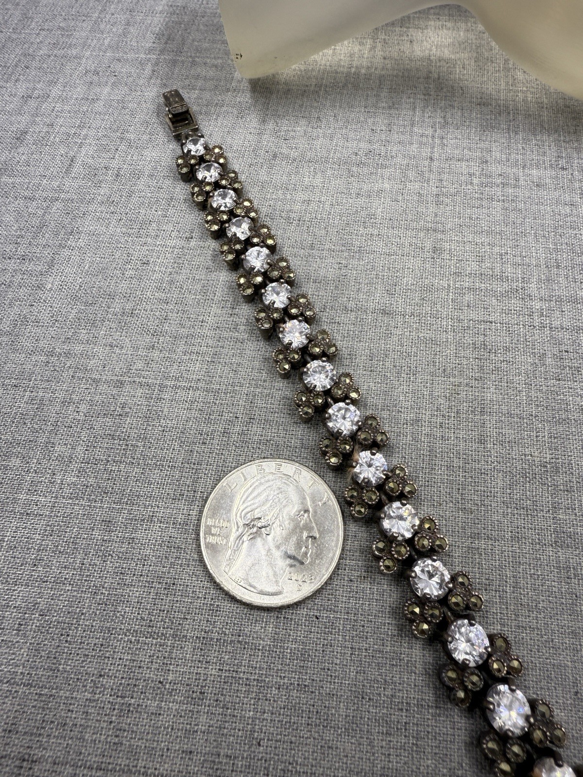 Marcasite & Crystal Cluster Link Sterling Silver .925 Tennis Bracelet 7.75″
