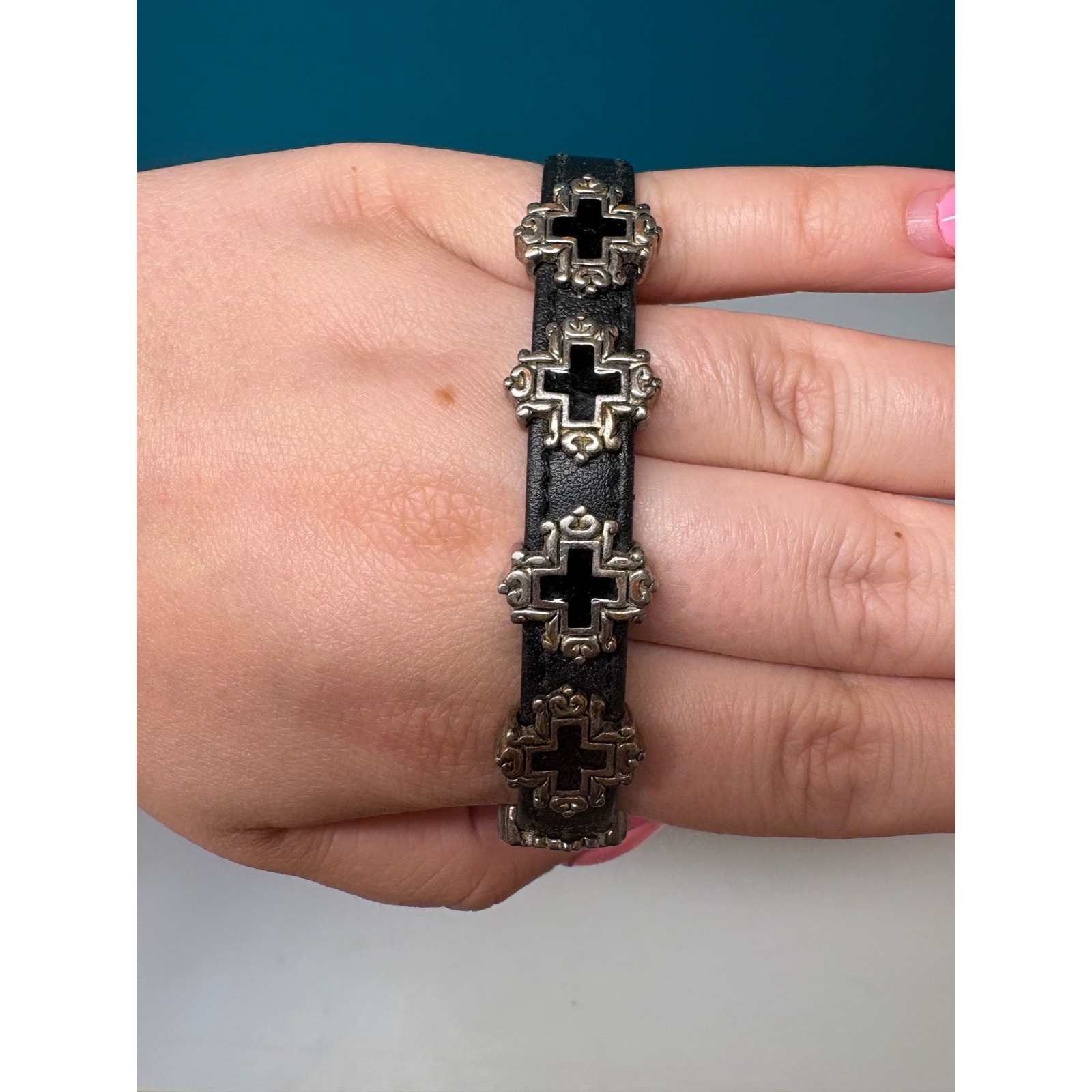 Black Leather Gothic Cross Bracelet Silver Tone Magnetic Clasp Enamel Charms