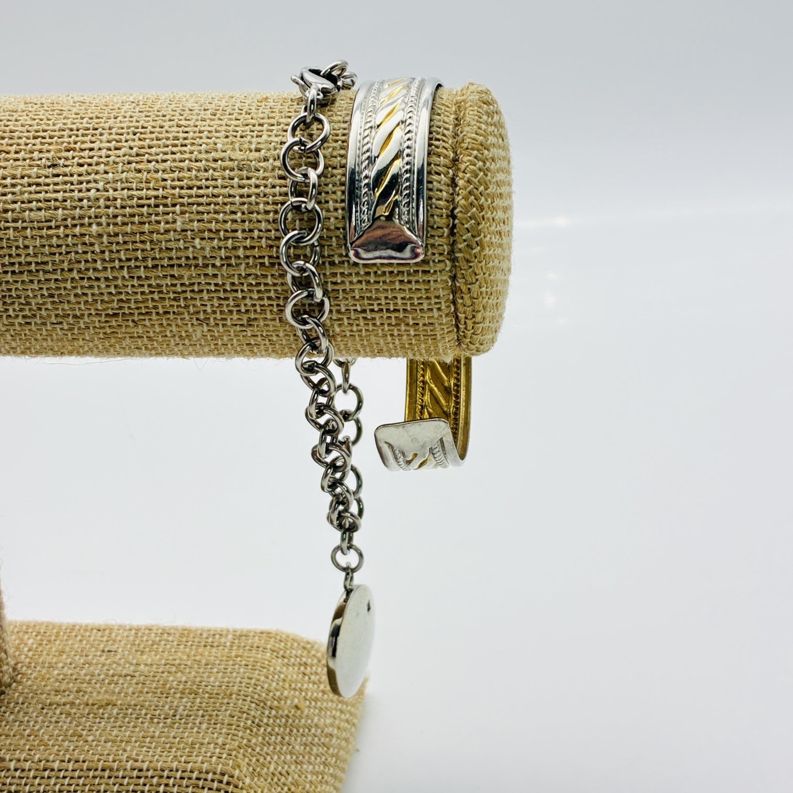 Silver Tone Bracelet Lot of 2 Chain Link Charm and Cuff