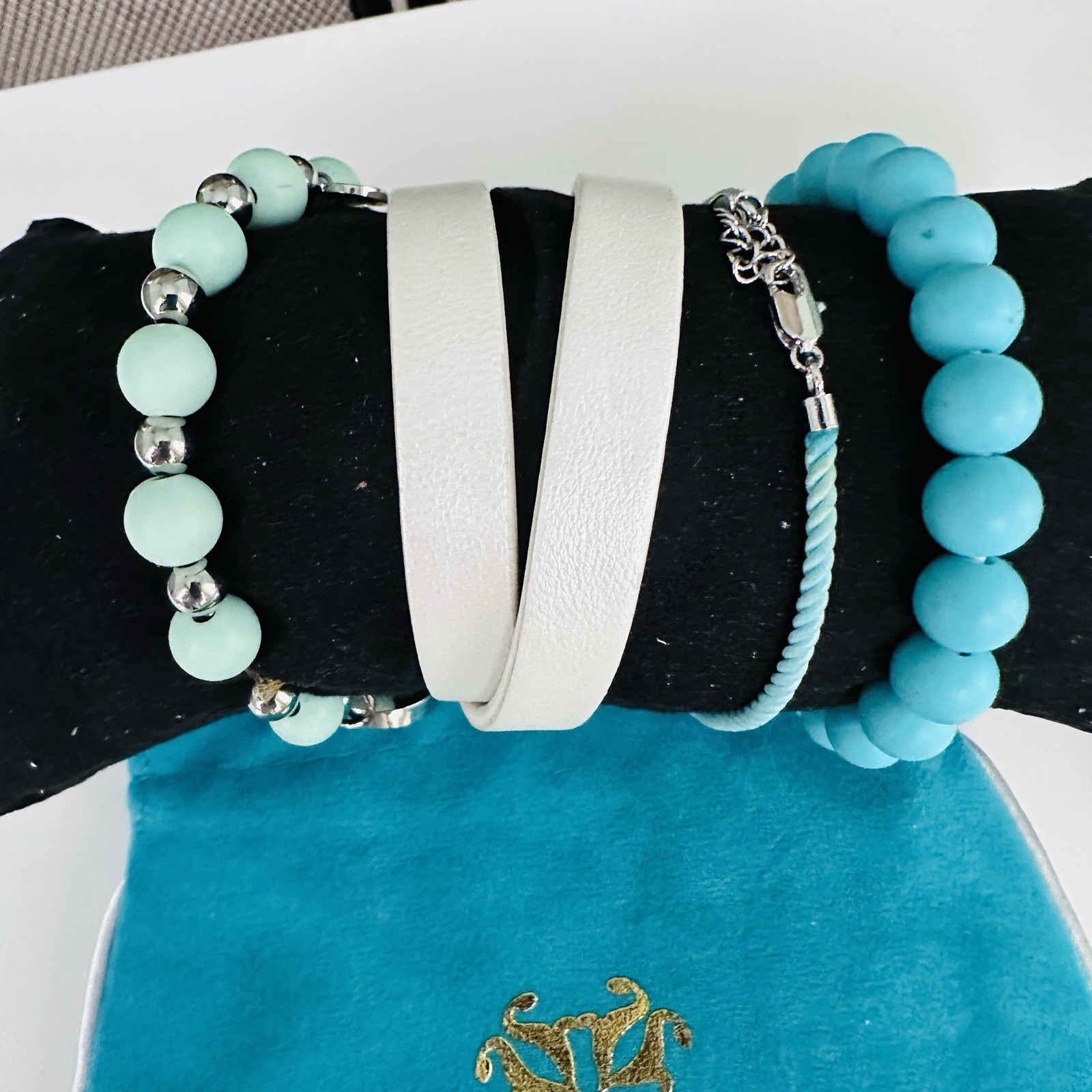 Rustic Cuff Bracelet Stack Coastal Ocean Blue Mint White Beaded Cuff Logo