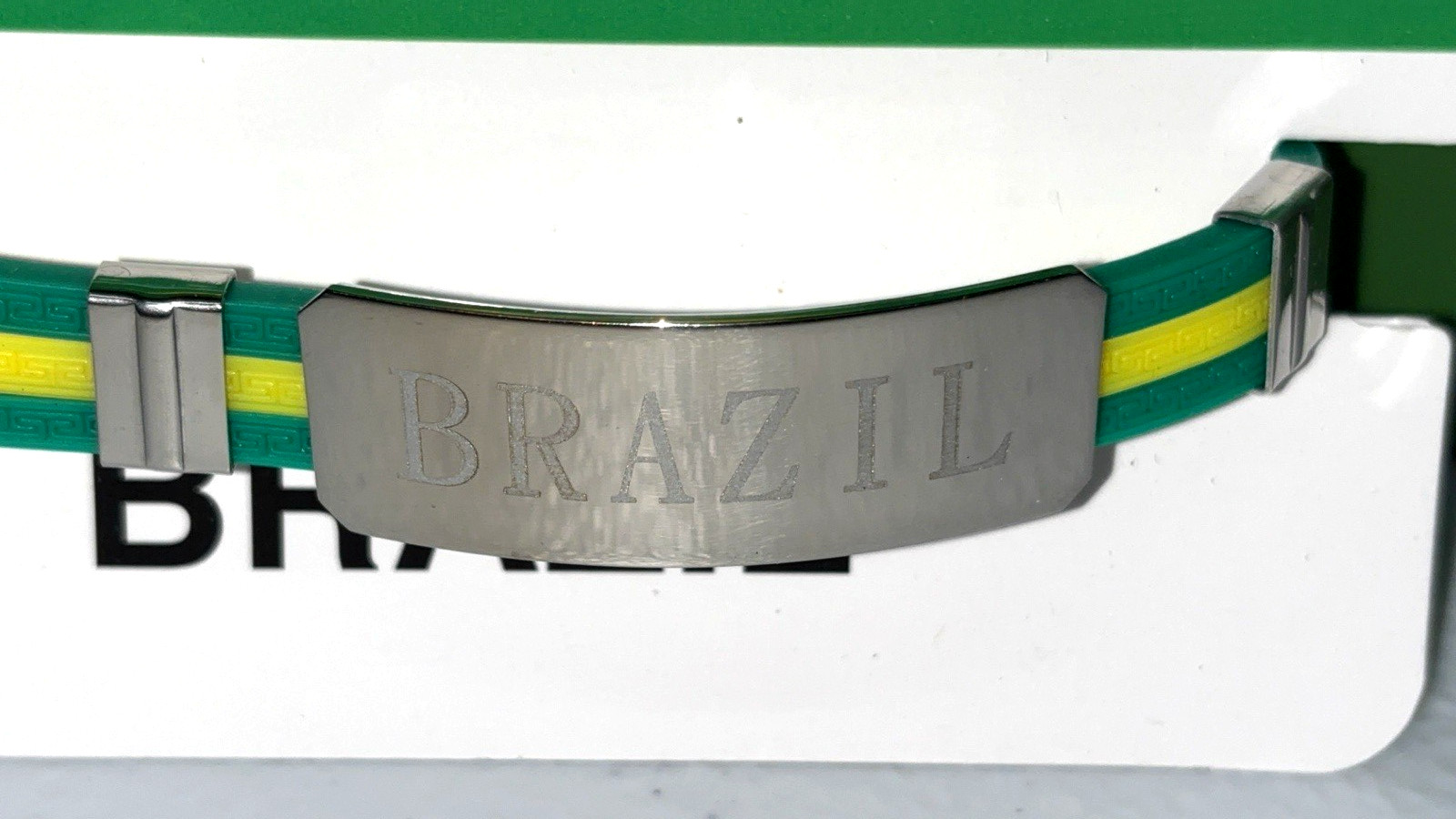 Brazil Flag Silicone Bracelet 8″ Unisex Stainless Steel Nameplate & Clasp