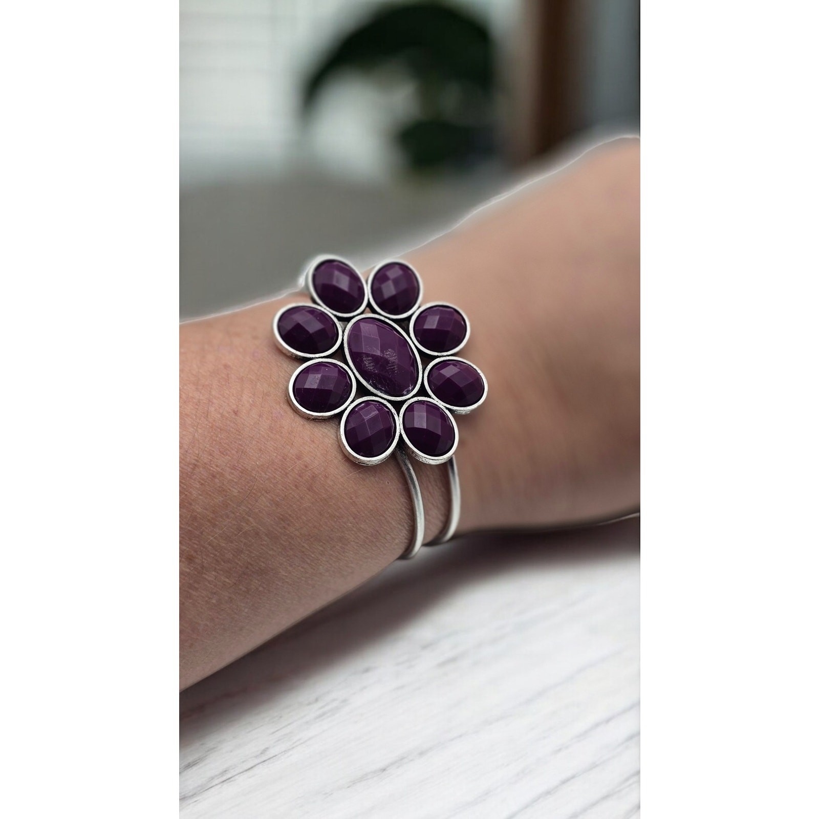 Plum Purple Stone Flower Cuff Bracelet Faceted Cluster – Romantic Statement
